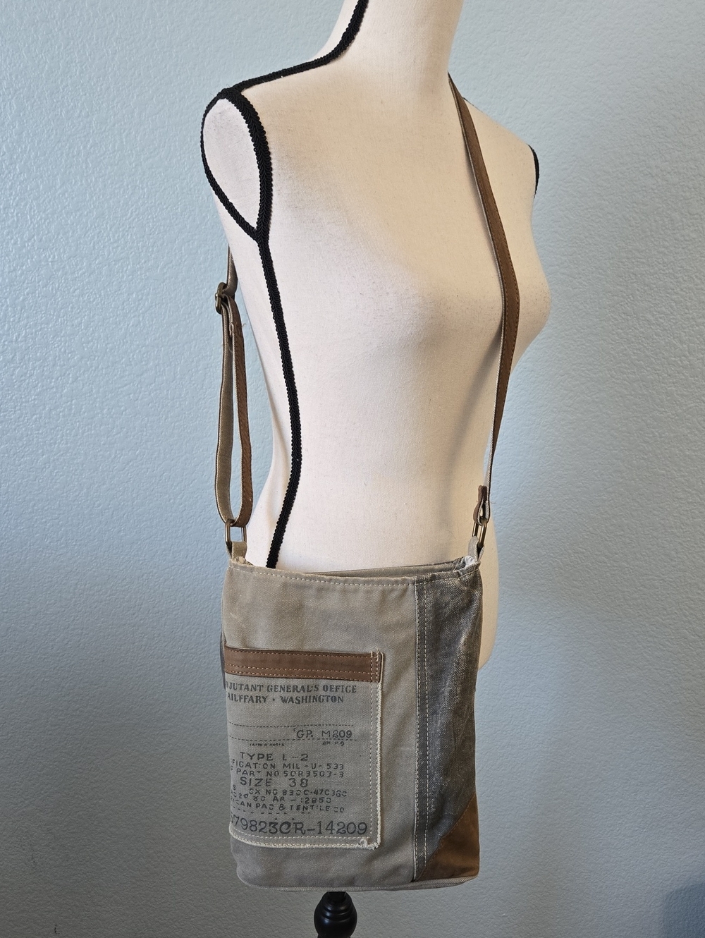 MONA B Upcycled Distressed Aged Canvas Crossbody Messenger Bag in Khaki Gray